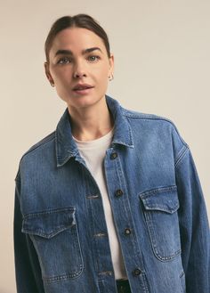 A shacket for all seasons. Cut from comfort-stretch denim, the Dad Shacket in Inez has been washed down to a classic blue with grit and texture creating highs and lows at the seams for a vintage look. It already feels broken in but will get even better with each wear.99% Cotton, 1% ElastaneBambi is 5'8" wearing size XS. Everyday Medium Wash Shacket For Fall, Everyday Medium Wash Fall Shacket, Washed Medium Wash Utility Jacket, Classic Medium Wash Outerwear For Everyday, Classic Medium Wash Everyday Outerwear, Classic Everyday Outerwear In Medium Wash, Classic Washed Blue Denim Jacket With Flap Pockets, Relaxed Fit Washed Blue Outerwear With Button Closure, Unstructured Medium Wash Denim Jacket With Pockets