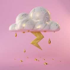 a white cloud with gold lightning bolt and raindrops on a light pink background