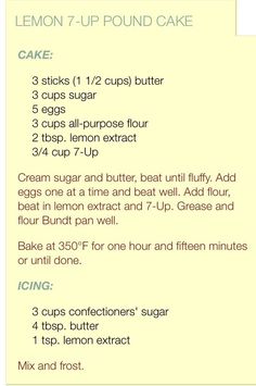 the recipe for lemon 7 - up pound cake is shown in white and blue font