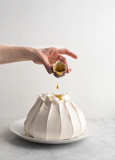 a person is sprinkling olive oil onto a white bundt cake on a plate