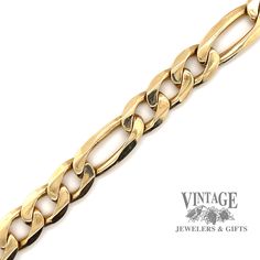 14 karat yellow gold heavy solid figaro link chain bracelet. The estate bracelet is 10.3 mm in width and is 8.5 inches in length and is secured with an integrated box catch with figure 8 safety clasp. Classic Figaro Chain Bracelet With Oval Links, Classic Gold Bracelet With Chunky Chain, Formal Figaro Chain Link Bracelet, Classic Figaro Chain Gold Bracelet, Classic Gold Figaro Chain Bracelet, Formal Figaro Chain Bracelet With Oval Link, Classic Gold Bracelet With Oval Link Curb Chain, Yellow Gold Figaro Chain Bracelet With Rectangular Links, Classic Gold Bracelet With Figaro Oval Link