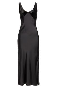 Timeless elegance defines this fluid satin maxi accented with a rich velvety bodice. V-neck Sleeveless 100% polyester Dry clean Imported Sleeveless Modal Satin Maxi Dress For Night Out, Sleeveless Evening Dress With Satin Trim, Fitted Slip Dress With Satin Trim For Party, Chic Evening Dress With Satin Trim, Chic Evening Dresses With Satin Trim, Elegant Evening Dresses With Satin Trim, Chic Evening Slip Dress With Satin Trim, Sleeveless Velvet Midi Dress For Formal Occasions, Chic Fitted Slip Dress With Satin Trim