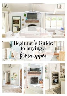 a living room and kitchen with the words beginner's guide to buying a fire upper