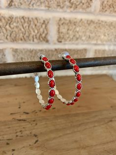 Hooped Earrings, Turquoise Stone Jewelry, Stone Hoop Earrings, Cowgirl Jewelry, Western Earrings, Red Jewelry, Western Jewelry, Red Stone, Pink Stone