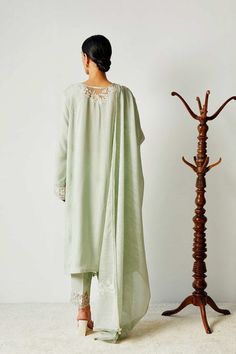 Buy Powder Green Pakistani Salwar Kameez with Dupatta Suit adorned with lavish design, threads, and embroidery work. This Salwar Kameez is available Online Pista Green Kurta With Dupatta In Cotton Silk, Silk Kurta With Dupatta In Pista Green, Pista Green Cotton Silk Kurta With Dupatta, Unstitched Pista Green Slub Silk Kurta, Pista Green Slub Silk Sets With Dupatta, Slub Silk Kurta With Traditional Drape For Wedding, Pista Green Kurta With Resham Embroidery, Pista Green Embroidered Slub Silk Set, Cotton Silk Churidar For Wedding And Diwali