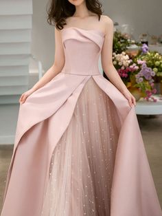 Pink Long Prom Dresses, Prom Dresses Strapless, Gaun Koktail, Prom Dresses Long Pink, Formal Bridesmaids Dresses, Tulle Maxi Dress, Satin Tulle, Long Prom Dresses, Custom Size Dresses