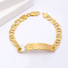 This Personalized Bracelet is available in either 925 Sterling Silver or 14K Gold over Sterling Silver. The length of the chain totals 7". The total length will vary depending on the length of the name entered. You can choose up to 10 letters on the name plate. The size of the name plate may vary depending on the amount of letters. Own yours today. Monogrammed Cufflinks, Popular Bracelets, Swarovski Heart, Crown Necklace, Name Earrings, Personalized Bracelet, Diffuser Necklace, Solid Gold Chains, Couple Jewelry