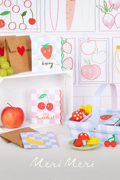 Display of Valentine's cards with fruit illustrations next to fruit-shaped mini erasers. Cute Valentines Card, Fun Fruit, Fine Stationery, Gifts For Children, Kids Dress Up, Meri Meri, Gift Giver, Best Fruits, Children's Toys