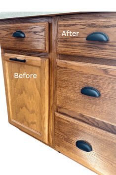 the before and after of an oak dresser