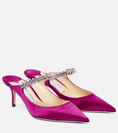 Bing 65 embellished satin mules in purple - Jimmy Choo | Mytheresa Mytheresa Shoes, Outfits With Striped Shirts, Jimmy Choo Bing, Mid Heels Pumps, Pink Accessories, Luxury Women Fashion, Jimmy Choo Shoes, Mid Heel, Mule Clogs