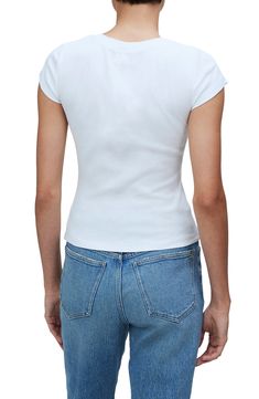 You love the soft cotton fabric of the brand's best-selling T-shirt—it's form-fitting without showing everything, resulting in the perfect T-shirt. 21" length (size Medium) Crewneck Short sleeves 95% Supima cotton, 5% elastane Machine wash, tumble dry Imported White Fitted T-shirt With Cap Sleeves, Fitted Cap Sleeve T-shirt For Summer, Fitted White Graphic Tee, Spring Cotton T-shirt With Stretch, Stretch Cotton T-shirt For Spring, Fitted Summer Top With Short Sleeves, Spring Crew Neck Fitted T-shirt, Fitted Cotton Top With Graphic Print, Snug Fit Short Sleeve Tops For Spring