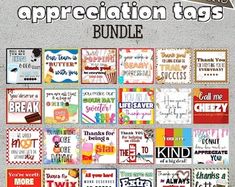 the ultimate appreciation tags bundle is shown in red, white and blue with words on them