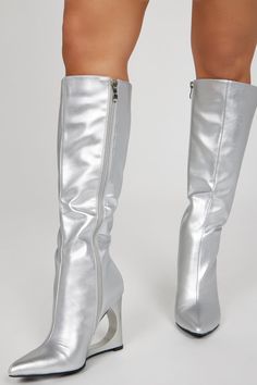 Available In Black And Silver. Knee High Boots Pointed Toe Novelty Wedge Heel Imported | Lost Your Chance Knee High Boots in Silver size 8 by Fashion Nova Silver Heeled Boots For Fall, Fitted Wedge Boots With Wedge Heel For Fall, Fitted Wedge Heel Boots For Fall, Fall Fitted Wedge Heel Boots, Spring Party Wedge Heel Boots, Trendy Party Boots With Wedge Heel, Trendy Wedge Heel Party Boots, Trendy High Ankle Wedge Boots For Party, Fitted High Heel Wedge Boots For Fall