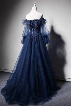 Dark Blue Dress With Sleeves, Midnight Blue Dress Long Sleeve, Navy Blue Ballgown, Deep Blue Wedding Dress, Dark Blue Prom Dress Long Sleeve, Dark Blue Wedding Dress, Midnight Blue Prom Dress, Dark Blue Lace Dress, Flowy Long Sleeve Dress