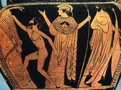 an ancient greek vase with two women and one is holding a staff in her hand