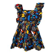 Brighten up your little one's wardrobe with this beautifully vibrant, open back African print dress! Featuring a playful mix of bold colors and intricate patterns, this dress is perfect for any occasion.  The ruffled sleeve adds a charming touch, while the full skirt ensures your child can twirl with ease. Made from lightweight, breathable fabric, it's comfortable for all-day wear. Perfect for summer outings, parties, or cultural celebrations. Style it with cute sandals or sneakers for a complet Multicolor Ruffle Twirl Dress For Playdate, Multicolor Summer Dress For Playdate, Summer Multicolor Dress For Playdate, Multicolor Ruffled Twirl Dress For Playdate, Multicolor Sleeveless Sundress For Playdate, Multicolor Twirl Dress For Playdate In Summer, Multicolor Twirl Dress For Summer Playdate, Multicolor Sundress For Summer Play, Multicolor Summer Sundress For Play