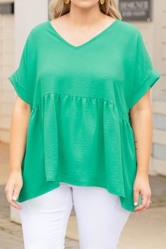 Expect many wide-eyed gazes when you're wearing this top! This top has a sleek design with a pretty kelly green color you can dress up or down and style for every occasion! It's comfortable for all-day wear, has a figure-flattering baby doll fit, and features the cutest cuffed-sleeves for the ultimate trendy look! Simply style this top with skinnies and booties for an easy everyday outfit! 100% Polyester Made in the USA. Everyday Outfit, Kelly Green, Cuff Sleeves, Baby Doll, Everyday Outfits, Green Color, The Cutest, Green Colors, Sleek Design