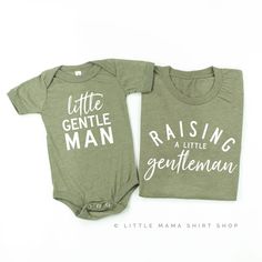 SET OF 2: Raising A Little Gentleman and Little Gentleman © THE ORIGINAL IMPORTANT NOTE: This is a unisex shirt. Order your normal size for a loose fit, or size down one for a more fitted look. Women normally prefer to size down in unisex sizing. Please reference the size chart before purchasing. SHIRT DETAILS: - Unisex tee 52% combed and ring-spun cotton, 48% poly - Machine wash cold, dry on lowest heat or hang dry - Light, airy fabric, super comfortable fit SHIPPING DETAILS: - All shirts are s Basic Green Shirt With Letter Print, Green Basic Shirt With Letter Print, Green Family Matching Shirt With Graphic Print, Green Family Matching Graphic Print Shirt, Green Graphic Print Family Matching Shirt, Green Cotton Shirt With Name Print, Green Relaxed Fit Top With Name Print, Green Casual Shirt With Name Print, Casual Green Shirt With Name Print