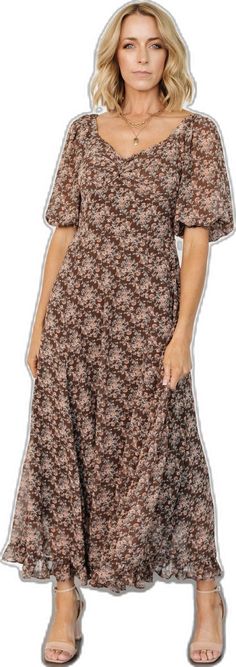 Camryn Maxi Dress | Brown Floral - Baltic Born Fitted Brown Chiffon Dress, Brown Floral Maxi Dress, Spring Floral Print Brown Maxi Dress, Flowy Brown Maxi Dress With Floral Print, Brown Square Neck Dress With Smocked Back, Brown Floral Print Dress With Square Neck, Brown Puff Sleeve Floral Print Dresses, Brown Floral Print Puff Sleeve Dress, Bohemian Brown Floor-length Maxi Dress