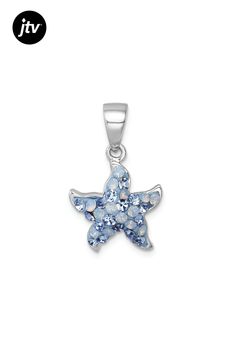 Rhodium over sterling silver polished blue crystal starfish pendant. Measures approximately 1"L x 9/16"W. Ocean-inspired Starfish Charms Jewelry, Star-shaped Sterling Silver Jewelry With Lobster Clasp, Ocean-inspired Sterling Silver Jewelry With Starfish Charm, Ocean-inspired Blue Jewelry With Star Charm, Ocean-inspired Sterling Silver Starfish Jewelry, Silver Crystal Star Jewelry, Silver Starfish Charm Pendant Jewelry, Nickel-free Star-shaped Ocean-inspired Jewelry, Sterling Silver Ocean-inspired Jewelry With Star Charm