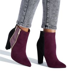 Perfect Booties For Fall A Block-Heeled Ankle Bootie With Decorative And Functional Zippers. Material: Faux-Suede Color: Multi-Colored (Wine And Black) Outside Heel Height: 4" Closure: Functional Zipper Winter Ankle Boot Heels With Zipper, Winter Ankle Boot Heels With Zipper Closure, Winter Suede Heeled Boots With Zipper Closure, Suede Heels With Zipper Closure, Trendy Winter Booties With Zipper Closure, High Heeled Boots With Zipper Closure For Fall, Trendy Fall Heeled Boots With Side Zipper, Trendy Heeled Boots With Side Zipper For Fall, Winter High Heel Booties With Zipper Closure