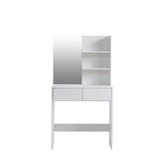 a white shelf with a mirror on top of it next to a drawer and cabinet