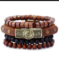 Unisex Vegan Leather Bracelet Yin Yang Set Set Includes One Vegan Leather Adjustable Buckle Bracelet 3 Wooden Style Beaded Bracelets Thanks So Much For Looking! Yin En Yang, Friendship Relationship, Wrap Armband, Faux Leather Bracelets, Beaded Leather Bracelet, Rope Jewelry, Fashion Beads, Mens Leather Bracelet, Woven Bracelets