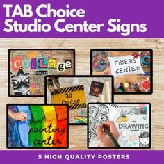 a poster with the words tab choice studio center signs in different colors and designs on it