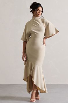 A flawless occasion piece, Lavinia has everything you need to stand out from the crowd. Crafted in an opulent champagne hue of our premium woven fabric, this maxi is defined by its high neckline and sweet flutter sleeves. Complete with an asymmetric hemline, style yours with some statement heels for your next event. Fe High Neck Long Sleeve Dress, Statement Heels, Church Fits, Club L London, Church Fashion, Black Dress Prom, Black Tie Gala, Fall 24, Bridesmaid Outfit