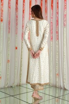 Wardah | Pakistani Designer Outfit | Sarosh Salman Elegant Off-white Lehenga For Festive Occasions, Unstitched Off White Kurta With Mirror Work, Off White Traditional Wear With Gota Work For Eid, Off White Chanderi Traditional Wear With Gota Work, Designer White Sherwani With Mirror Work, Elegant Sharara With Gota Work For Transitional Season, Festive Off White Salwar Kameez With Gota Work, White Dupatta For Reception And Transitional Season, Elegant Off-white Dupatta For Reception