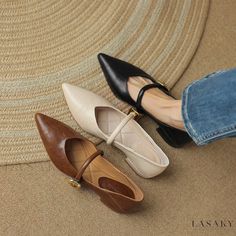 Lasaky - Brown Monochrome Retro Buckle Flat Shoes with Artistic Pointed Toe and Shallow Mouth Design Brown Monochrome, Pointy Shoes, Pointy Flats, Rough Heels, Mouth Design, Work Shoes Women, Classy Shoes, Buckled Flats, Slingback Shoes