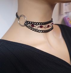 This black steel handmade gothic collar choker is a gorgeous chunky stainless steel chain layered necklace set with beaded Austrian Crystal beads hand wound on stained steel.  It has a built-in extender so it runs from 12" to 16".  The chain is made of sturdy stainless steel, ensuring its durability and longevity, it is hypoallergenic, waterproof, sweatproof, will never tarnish or fade or change the color of your skin.  This necklace set is an excellent handmade gift for someone special. It is a Layered Necklaces Aesthetic, Chain Necklace Aesthetic, Chain Layered Necklace, Handmade Aesthetic, Punk Necklace, Choker Necklace Designs, Hand Wound, Handmade Chokers, Diy Jewelry Projects