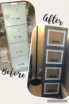 before and after photos of an office filing cabinet with drawers in the bottom left side