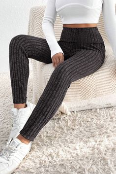 Experience the ultimate comfort and style in our Black Wide Waistband Ribbed Textured Knit Leggings! Designed with a high waist for a flattering, skinny fit, they're easy to slip on and provide a comfortable, elastic fit. The ribbed knit fabric adds texture and fashion-forward appeal, making them a favorite among all ages. Take your wardrobe to the next level with these must-have leggings! Shop now! Material: 95% Polyester, 5% Elastane Designer Leggings, Textured Leggings, Fashion Bottoms, Legging Sport, Legging Outfits, High Waist Leggings, Ribbed Leggings, Knit Leggings, Leggings Casual