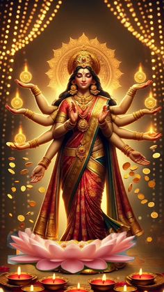 the hindu goddess with her arms outstretched in front of candles