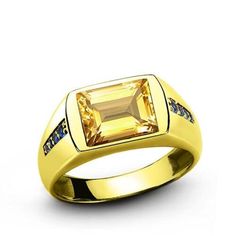 Yellow Citrine, Citrine Ring, Citrine Gemstone, Men's Ring, Citrine, Blue Sapphire, Solid Gold, Gold Rings, Mens Jewelry