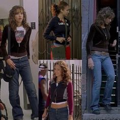 four pictures of the same woman in different outfits, one is holding a purse and two are wearing jeans