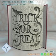 an open book with the words trick or treat printed on it, in front of a white background