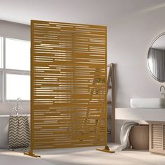 a bathroom with a large wooden slatted door