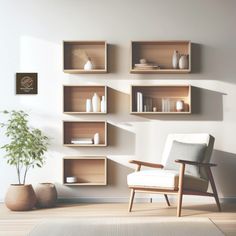 a chair and some shelves in a room