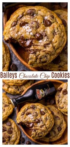 chocolate chip cookies in a wooden bowl with a bottle of bailey's