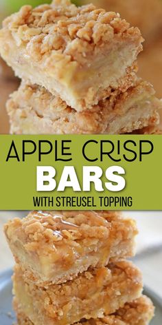 Squares of apple crisp bars with a streusel topping with Pinterest overlay. Apple Crisp Cookie Bars, Apple Crisp Stuffed Baked Apples, Recipe To Use Up Apples, Easy Fall Bar Recipes, Apple Crisp With Streusel Topping, Taste Of Home Apple Bars, Tinned Apple Recipes, 9x13 Apple Desserts, Holiday Bars And Squares