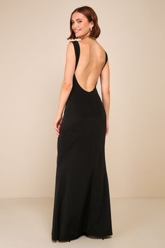 The Lulus Inspiring Glamour Black Backless Column Maxi Dress is a compliment-worthy look that'll effortlessly impress everyone you meet! This figure-flaunting gown has a slinky jersey knit construction that shapes a subtle cowl neckline, slender tank straps, and a sleeveless bodice with an alluring open-back design. The flattering column silhouette continues down to a sweeping maxi hem for the most elegant finish. Fit: This garment fits true to size. Length: Floor length. Size medium measures 52 Full Length Formal Dresses, Winter Formal Dresses Open Back, Backless Long Black Dress, Back Of The Dress Ideas, Elegant Open Back Dress, Prom Open Back Dresses, Barristers Ball Law School Dress, Backless Mini Dress Classy, Black Full Length Dress