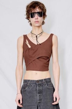 Brown acetate jersey cutout crop top from zimo.    - 40% acetate / 40% polyester / 20% lycra Cutout Crop Top, Ribbed Fabric, Vintage Black, Crop Top, Size 4, Lingerie, Crop Tops, Fabric, Clothes