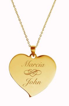 "Our personalized gold heart necklace is a great gift for that can be custom engraved on both sides of the heart pendant for that special someone. Great for Bridesmaids, Flower Girls, Best Friends, or the Love of your life. Engrave the heart with names, dates or a message of love. This high polished stainless steel pendant will never tarnish or fade or change color. Gold Teardrop Heart Necklace Dimensions: 1\" x 3/4\" Material Stainless Steel A chain is included with the heart pendant How To Sen Anniversary Stainless Steel Heart Pendant Necklace, Stainless Steel Heart Pendant Necklace For Anniversary, Personalized Stainless Steel Heart Necklace For Anniversary, Heart-shaped Engraved Jewelry For Personalized Gift, Engraved Heart Pendant Jewelry For Personalized Gift, Personalized Stainless Steel Heart Necklace For Mother's Day, Personalized Heart-shaped Engraved Jewelry, Personalized Engraved Heart Jewelry, Heart-shaped Engraved Name Necklace For Gift