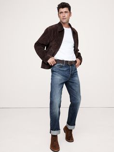 These sturdy straight-leg jeans are cut from artisanal selvedge denim in a 14oz.  weight, beloved for its rugged appeal and rich, dimensional washes that only improve with every wear.  Non-Stretch Straight Fit: Mid-rise.  Slim through the thigh, straight leg.  17" leg opening.  Denim from Italy's Candiani mill.  Button fly.  Belt loops.  Five-pocket styling.  *Inseam is 34" cuffed, 36" uncuffed.  *This style runs large.  Consider sizing down.  Straight Fit: Mid-rise.  Slim through the thigh.  St Classic Brown Jeans, Classic Brown Denim Jeans, Classic Leather Jeans With Standard Cut Leg, Selvedge Straight Fit Jeans For Fall, Classic Leather Jeans With Standard Cut, Classic Leather Jeans With Belt Loops, Selvedge Jeans With Straight Hem For Fall, Rugged Jeans With Five Pockets For Fall, Fall Selvedge Jeans With Straight Hem