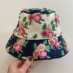 Brand New Lele Sadoughi Floral Embroidered Bucket Hat. Color: White & Navy With Pink Florals Fabric: Heavyweight Raffia Floral Embroidery Colorblock Pattern Just Overall Stunning! Great Quality. Fits A Medium Multicolor Floral Print Hat, Blue Embroidered Spring Hats, Spring Embroidered Blue Hats, Embroidered Blue Spring Hats, Blue Embroidered Curved Brim Hats, Spring Embroidered Flat Brim Hat, Blue Spring Hats With Embroidered Logo, Spring Blue Hats With Embroidered Logo, Blue Hats With Embroidered Logo For Spring