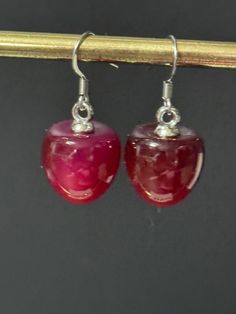 pair of silver tone dark morello red cherry drop earrings pierced ears Handmade Elegant Cherry Drop Earrings, Cherry Dangle Earrings With Ear Wire, Cherry Colored Drop Earrings With Ear Wire, Cherry Color Dangle Earrings, Cherry Drop Earrings With Ear Wire, Burgundy Dangle Earrings, Palm Tree Cakes, Dark Red Cherry, Cherry Drop Earrings