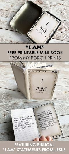 an open bible with the words i am and free printable mini book from my porch prints