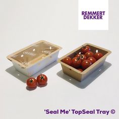 two containers with tomatoes in them sitting next to each other on a white surface and the words seal me topseal tray